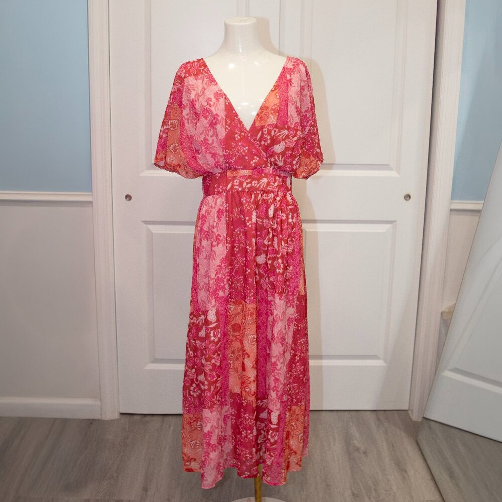Cider Pink Patchwork Floral Midi Dress – Deep V, Flowy Sleeves, Size M